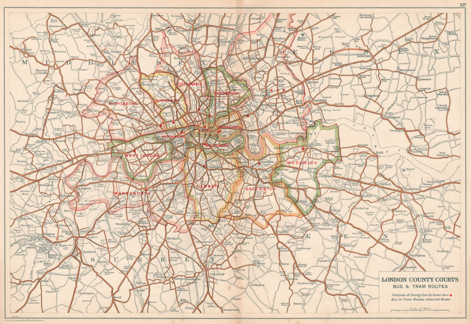 LONDON COUNTY COURTS + BUS & TRAM ROUTES. Vintage map. BACON 1927 old